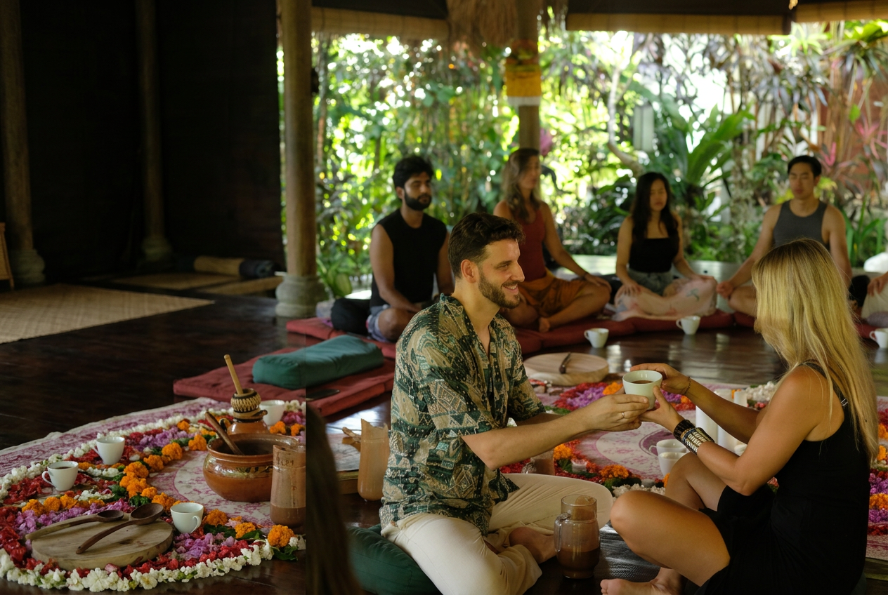 A ceremonial cacao circle held by an InnerCamp facilitator
