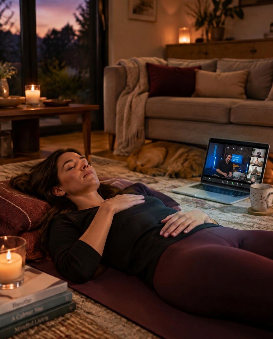 A guided breathwork session at home on a laptop